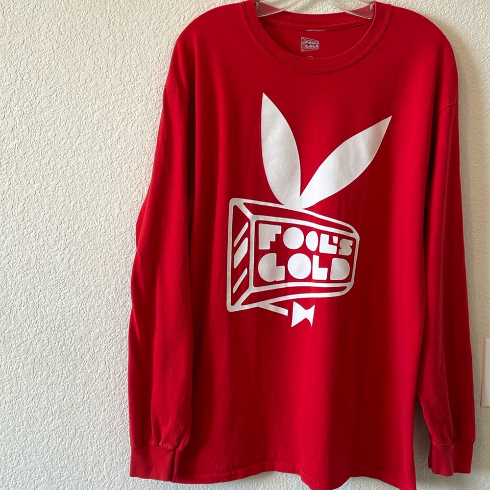 Fool’s Gold thick cotton long sleeve crew neck graphic tee,size Large, red/white